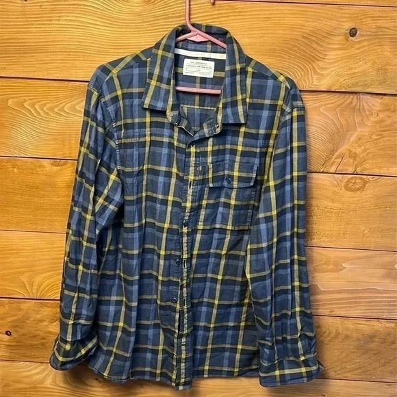 Mens large REI Cooperative Flannel‎ long sleeve button down blue yellow plaid - Picture 1 of 6